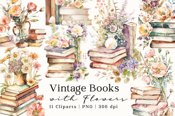 Download Vintage Books Flowers Watercolor Clipart - Flowers Collection